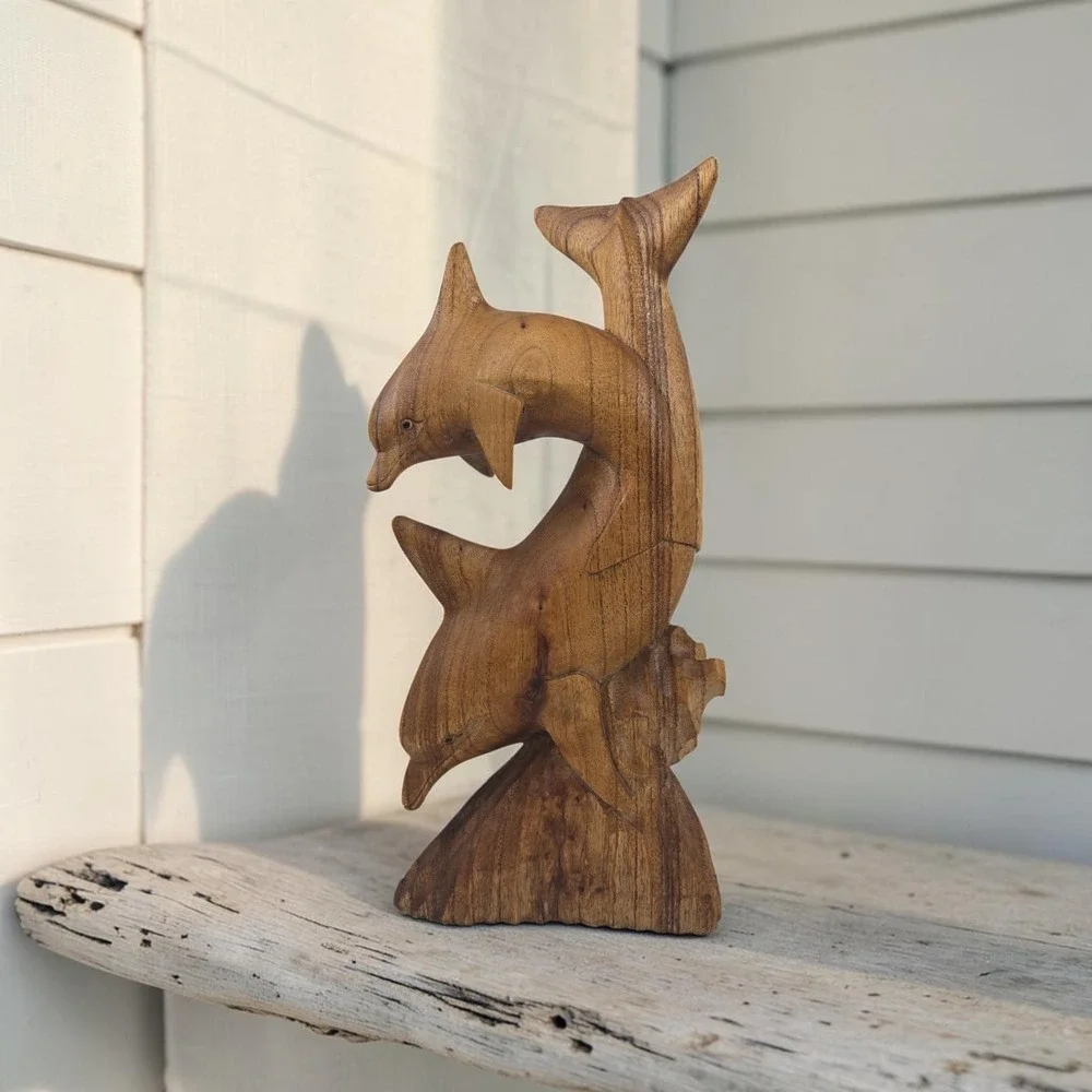 Vtg Hand-Carved Suar Wood Double Dolphin Sculpture 12